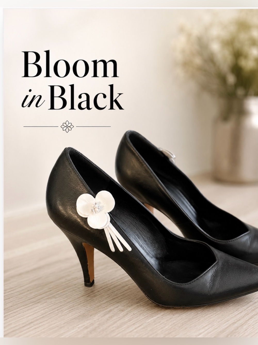 Jill Stuart Black Leather Pointed Toe Pumps White Flower Accent Heels Size 6.5